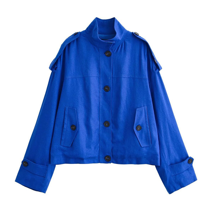 Women's short jacket in boxy worker style with stand-up collar, shoulder epaulettes, and applied flap pockets Mune Fashion