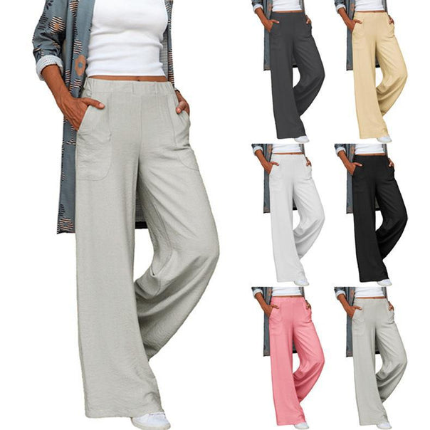 Women’s wide linen blend pants with high elastic waistband and applied side pockets Mune Fashion