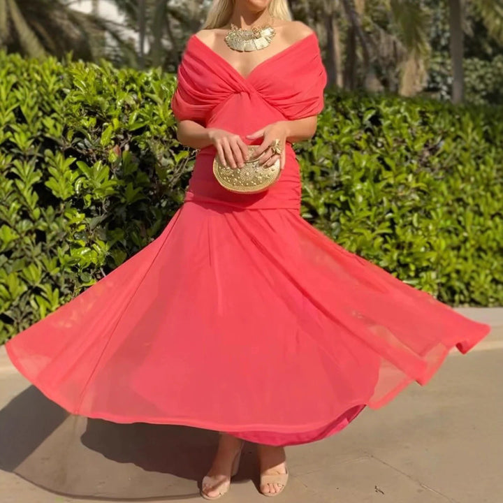 Ladies elegant floor-length evening dress with draped shoulder area and airy chiffon skirt Mune Fashion