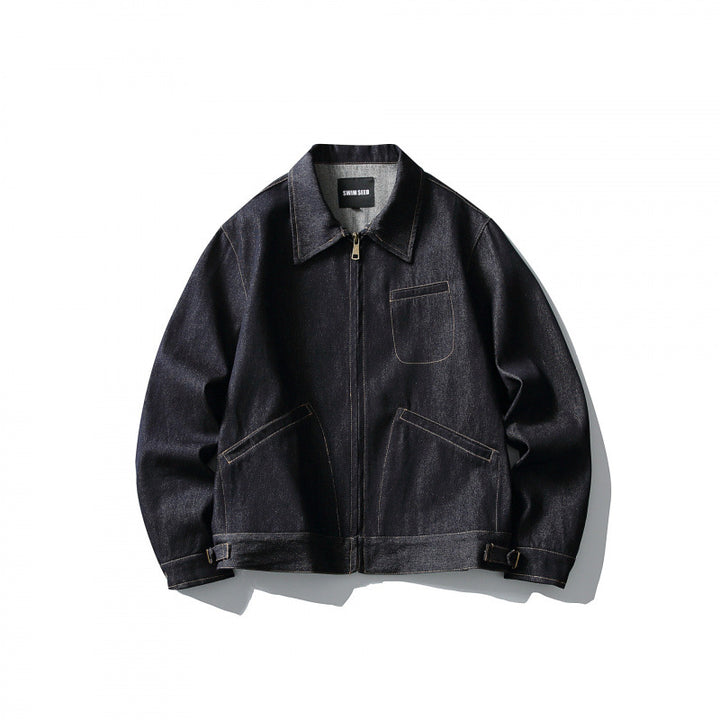 Men's Boxy Denim Jacket in Worker Style with Full Zip and Chest Pocket Mune Fashion