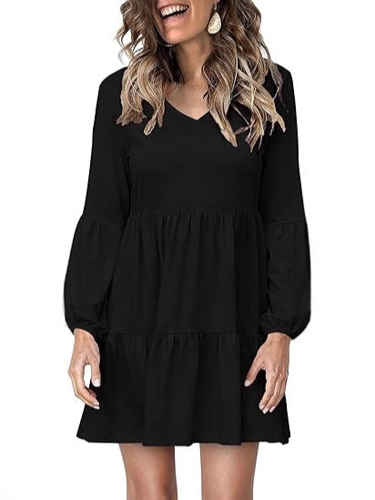 Women's Tiered Mini Dress with V-Neck and Balloon Sleeves Mune Fashion
