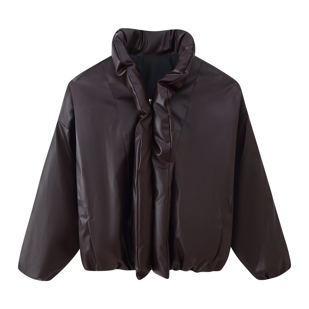 Women Oversized Faux Leather Blouson with Voluminous Stand Collar and Elastic Hem Mune Fashion
