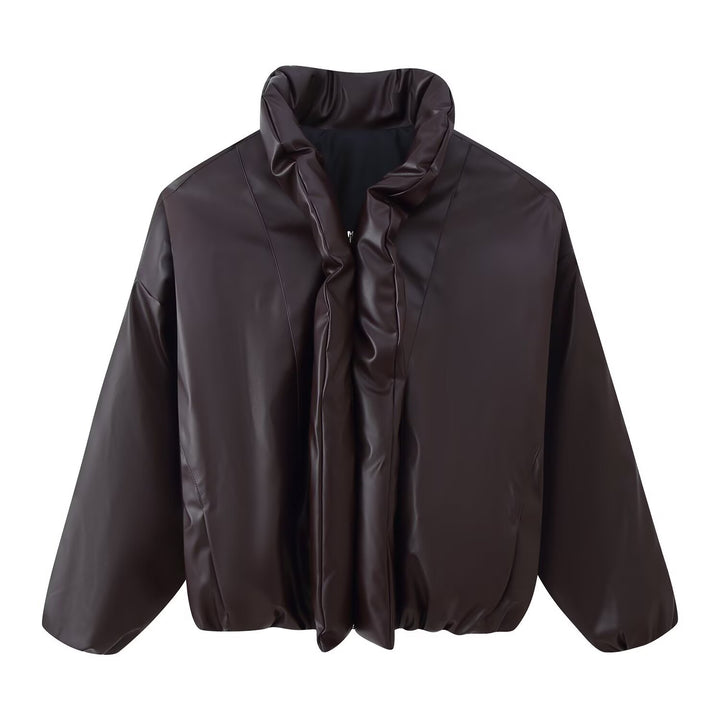 Women Oversized Faux Leather Blouson with Voluminous Stand Collar and Elastic Hem Mune Fashion