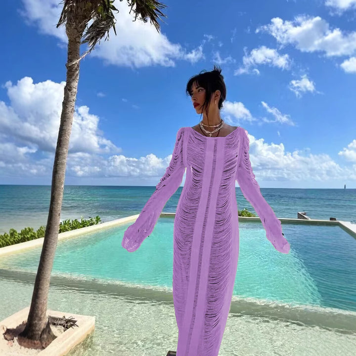 Women's elegant beach dress with refined fringes and transparent elements Mune Fashion