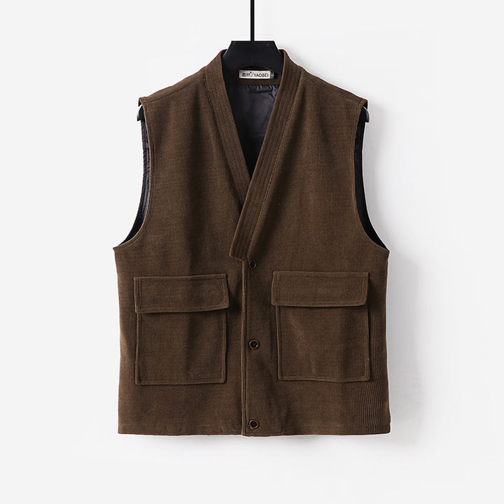 Men's cord waistcoat with V-neck, stand-up collar, and large flap pockets Mune Fashion