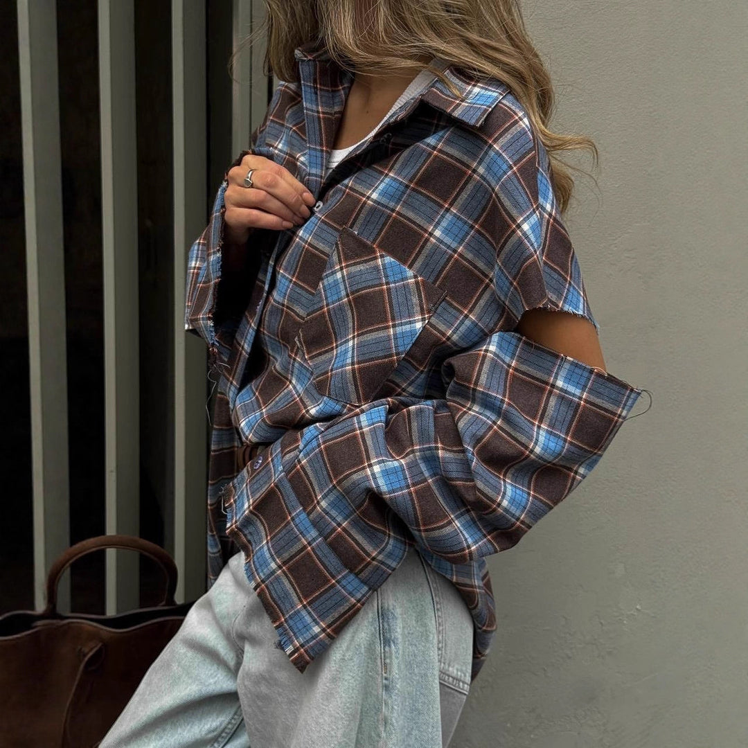Women checked oversized shirt jacket with cut-out sleeves and raw hem Mune Fashion