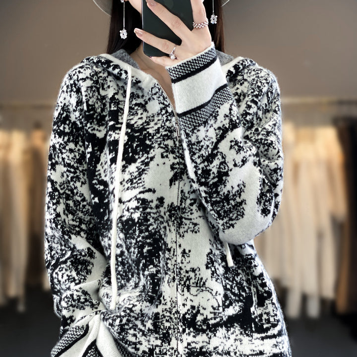 Women's Oversize Jacquard Cardigan with Hood and Zipper Mune Fashion