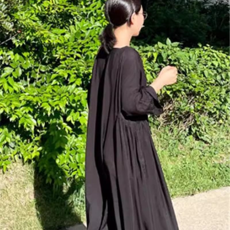 Ladies Long Smock Maxi Dress with Deep Waist Seam and Wide Bell Skirt Mune Fashion