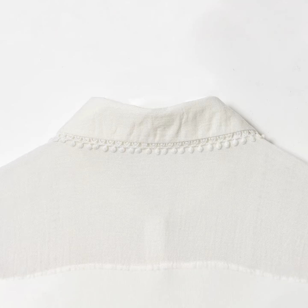 Women's Elegant Cotton Blend Blouse with Lace Yoke, Concealed Button Placket and Wide Balloon Sleeves Mune Fashion