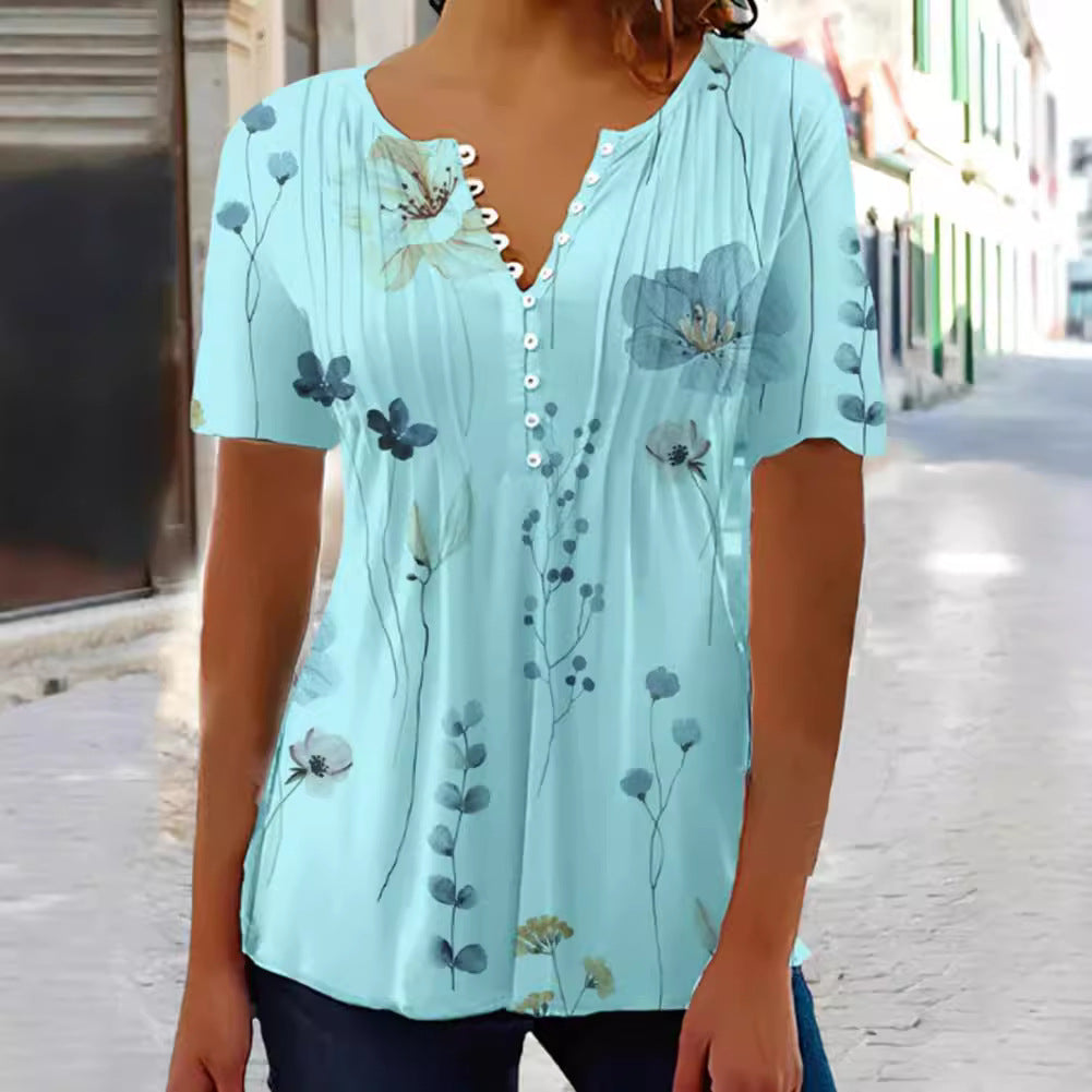 Women's slightly lightweight V-neck blouse shirt with decorative button placket and subtly pleated front part Mune Fashion