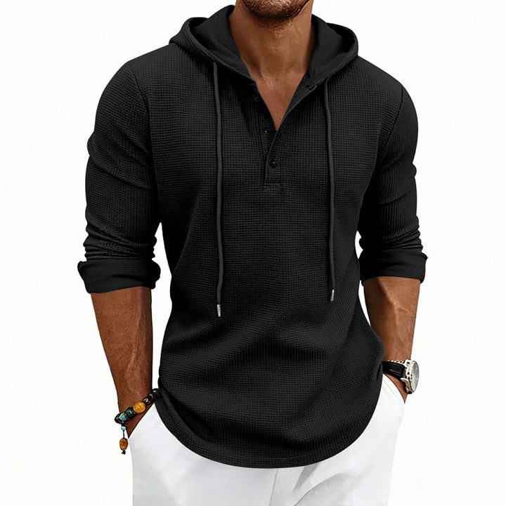 Men's Waffle Knit Henley Hoodie with Button Placket and Hood Mune Fashion