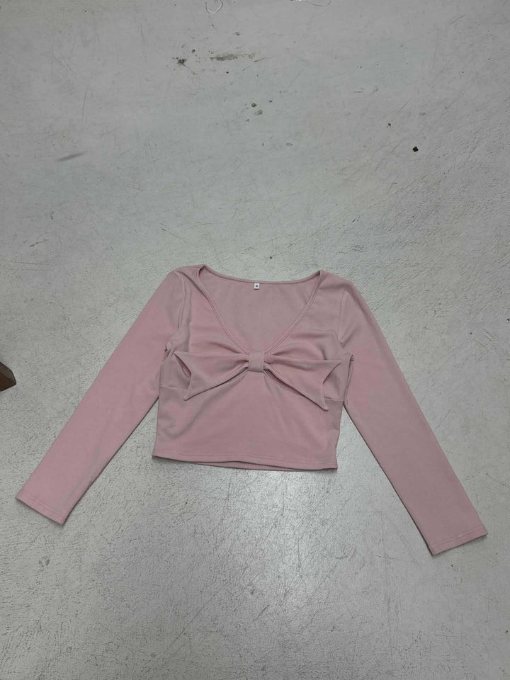 Ladies nan Cropped-Longsleeve with decorative bow front, V-neck and figure-hugging fit Mune Fashion