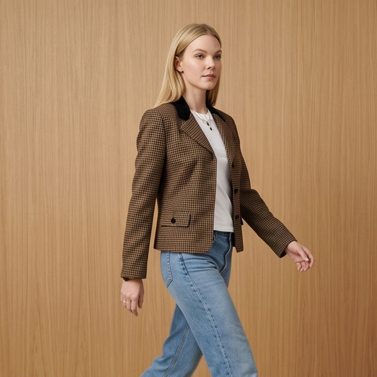 Women Tailored Houndstooth Blazer with Velvet Collar and Two-Button Placket Mune Fashion