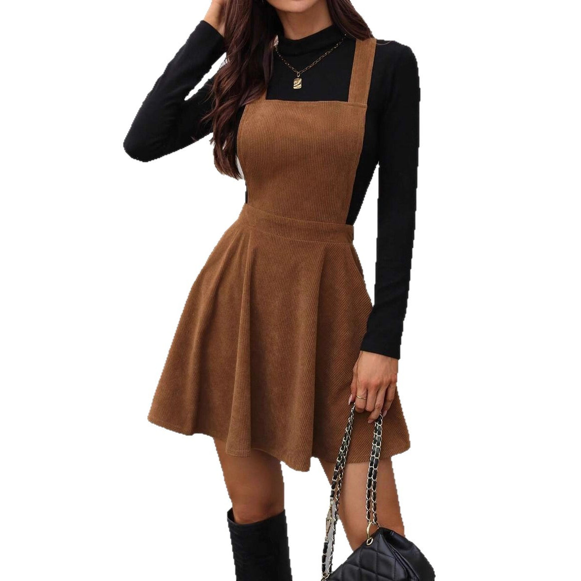 Ladies short flared dungaree dress made of corduroy with square bib Mune Fashion