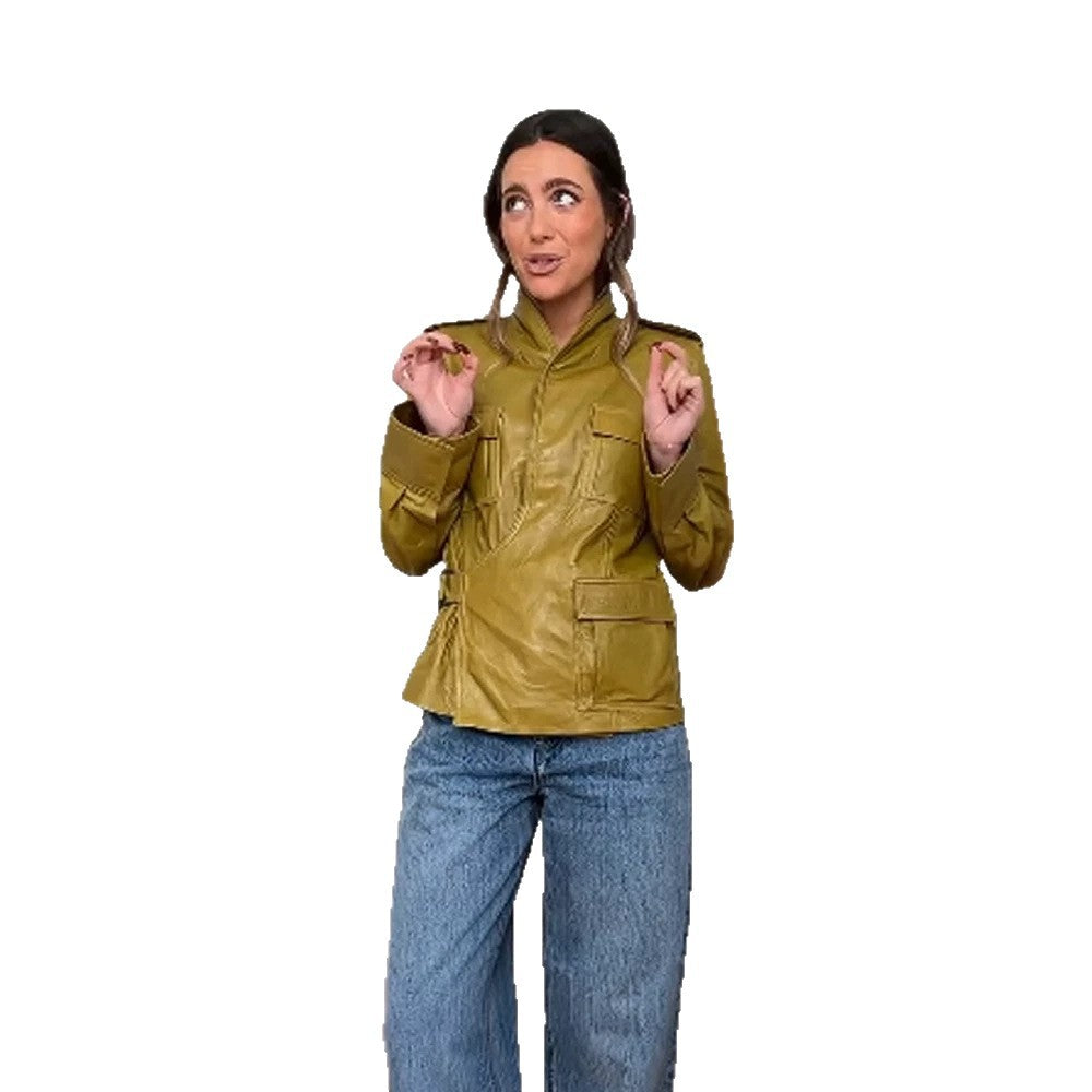 Women's Faux Leather Utility Jacket with Stand-up Collar, Chest Pockets & Concealed Zipper Mune Fashion