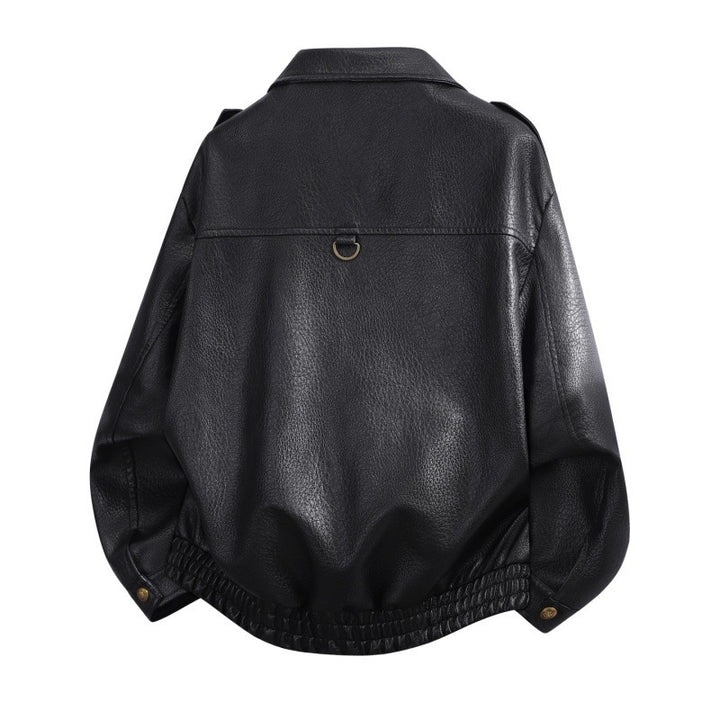 Women's Fashion Leather Jacket with High Collar Mune Fashion