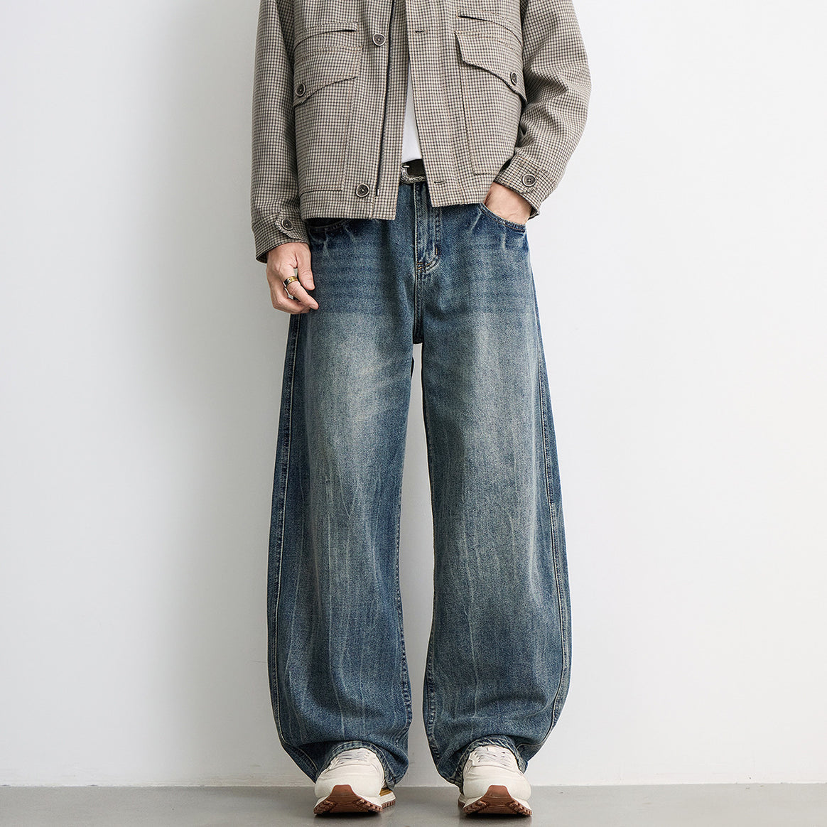 Men's wide balloon jeans with extra wide legs, low crotch, and authentic used wash Mune Fashion
