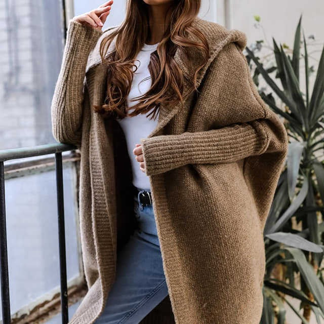 Women's Cozy Cardigan with Hood and Open Cut Mune