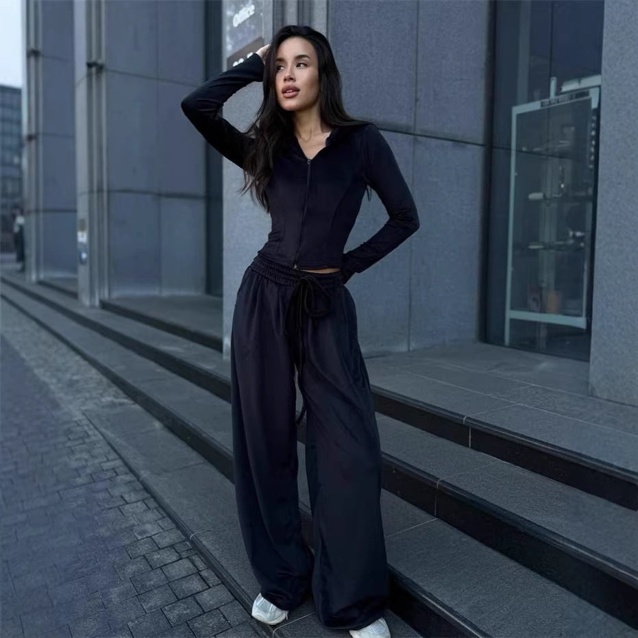 Women's Lounge Set with tailored hooded jacket and extra wide palazzo jogging pants Mune Fashion