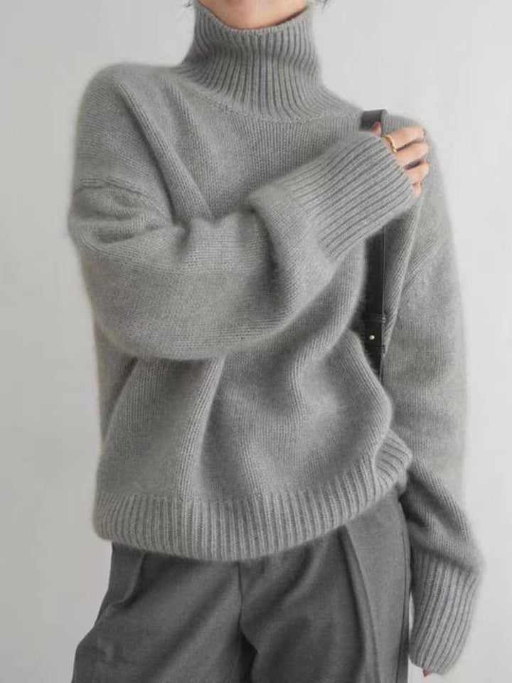 Women's Oversized Fine Knit Sweater with High Roll Neck and Side Slits Mune Fashion