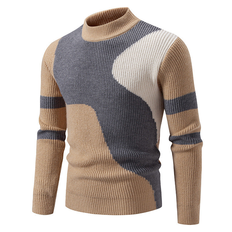 Men's fine ribbed knitted pullover with stand-up collar and contrast block design Mune Fashion