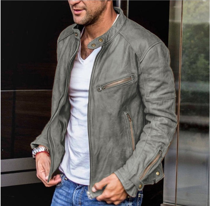Men's biker leather jacket made of washed full leather with standing collar Mune Fashion