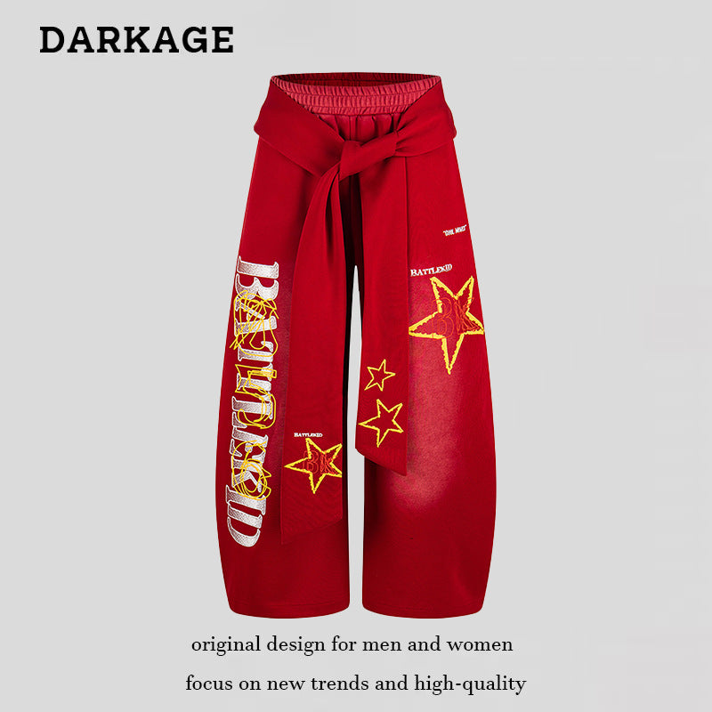 Ladies Wide Palazzo Culotte Pants with Integrated Tie Belt and Star Graphic Mune Fashion