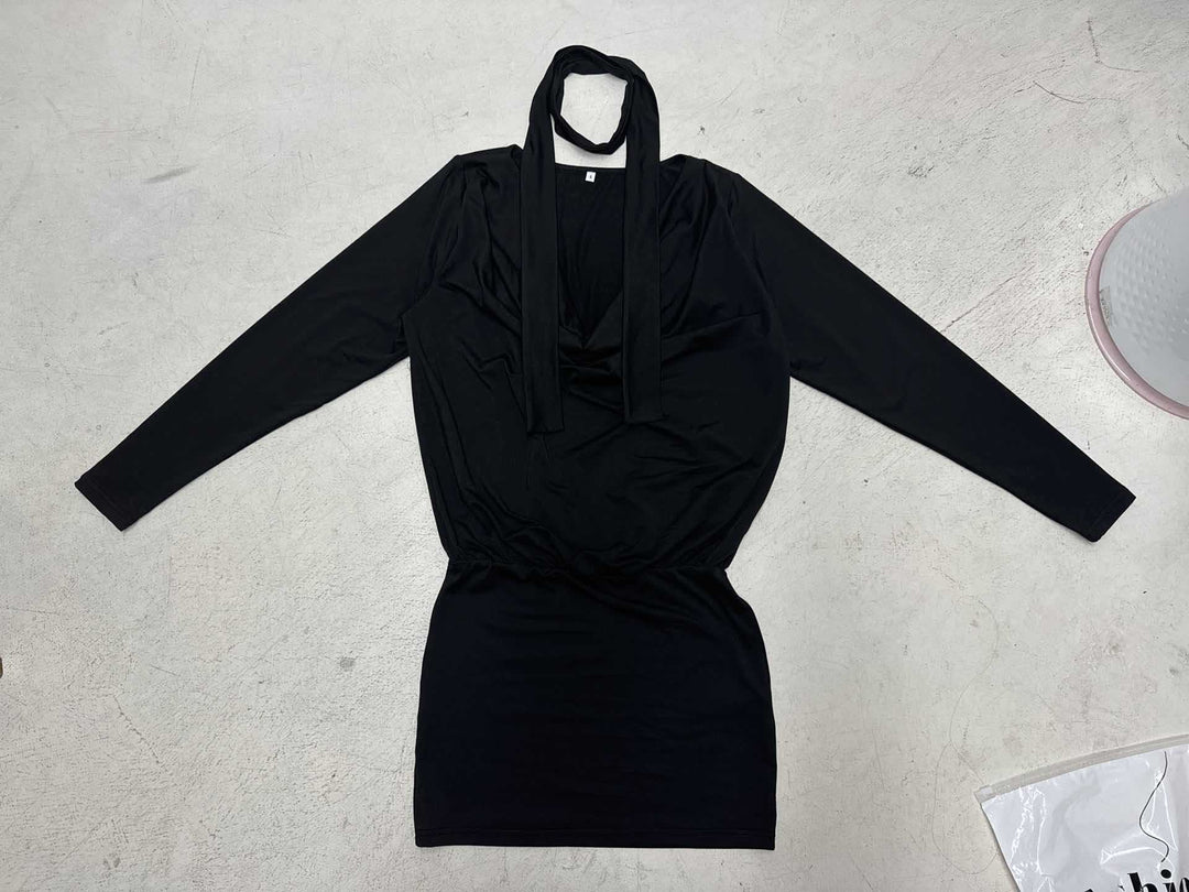 Women's figure-hugging long sleeve mini dress with wrap V-neck, attached bow and tailored gathering Mune Fashion