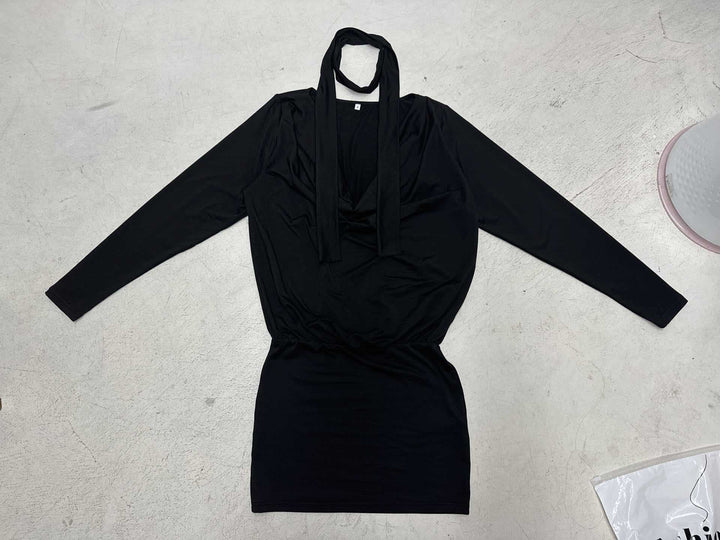 Women's figure-hugging long sleeve mini dress with wrap V-neck, attached bow and tailored gathering Mune Fashion