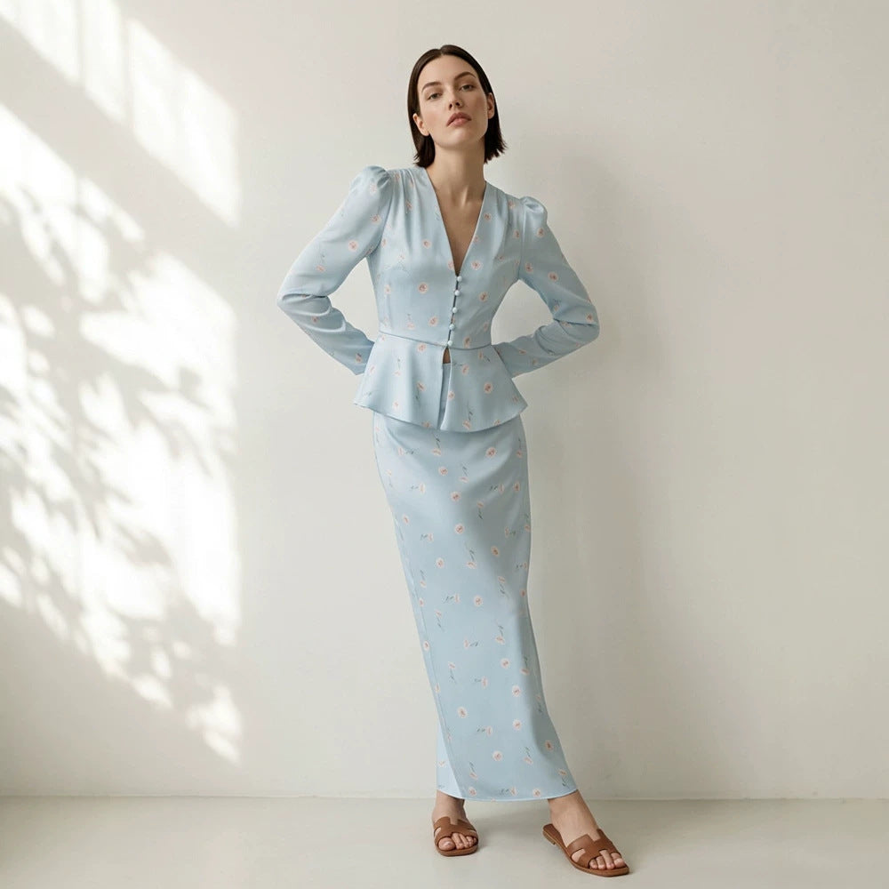 Women's Two-Piece Tailored Blouse and Maxi Skirt Set with V-Neck and Button Details Mune Fashion