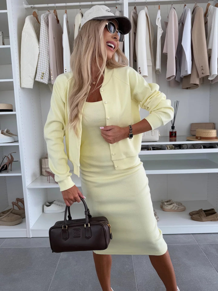 Women's fitted knitted midi dress with fine ribbed structure and short button jacket Mune Fashion