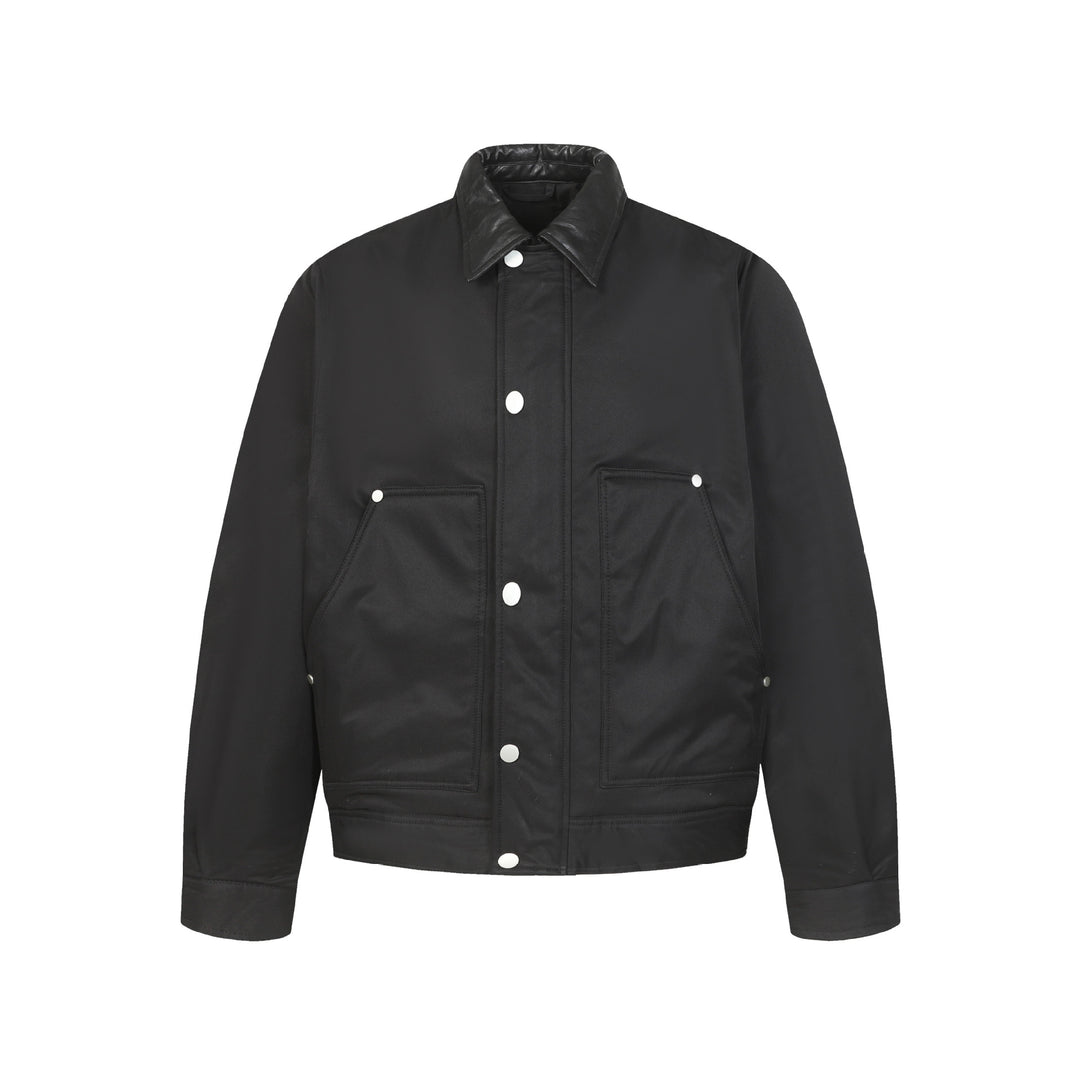 Unisex Short Boxy Quilted Blouson Jacket with Contrasting Leather-Look Collar Mune Fashion