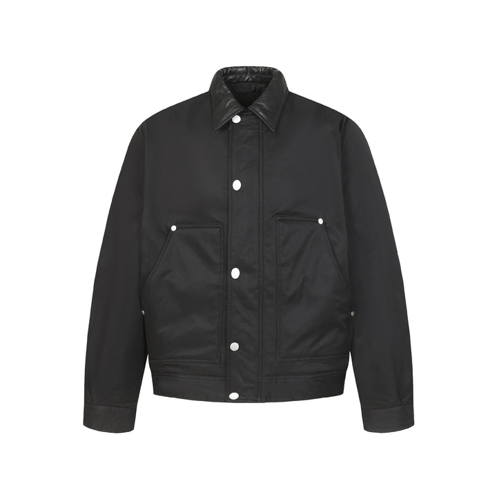 Unisex Short Boxy Quilted Blouson Jacket with Contrasting Leather-Look Collar Mune Fashion
