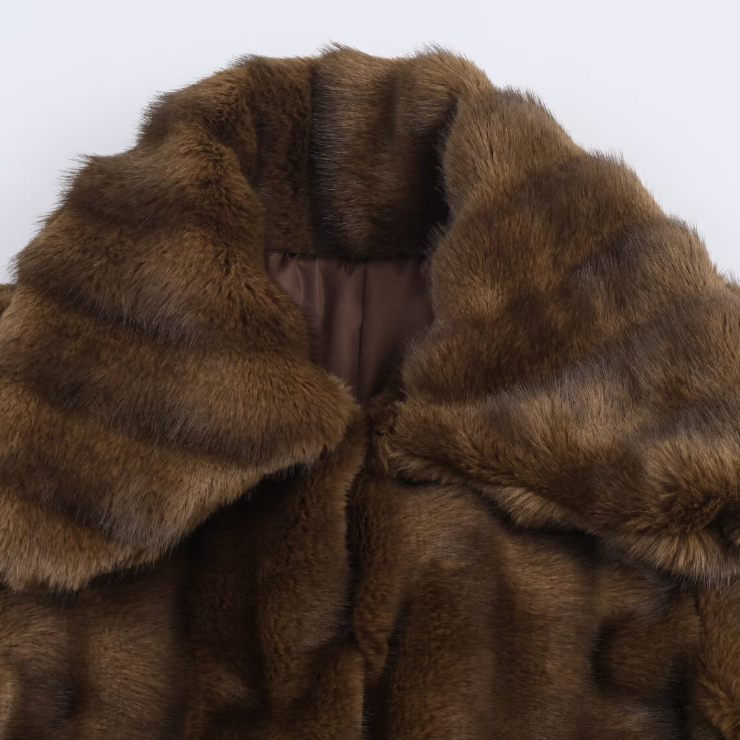 Women's Short Faux Fur Jacket with Voluminous Shawl Collar and Patch Pockets Mune Fashion