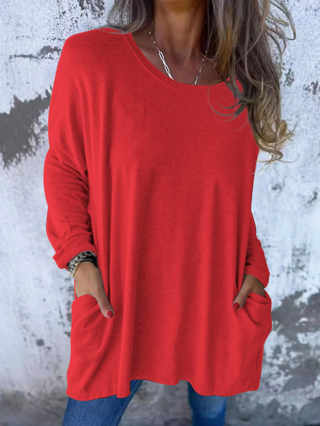 Ladies Soft Oversize Long Shirt with Round Neck, Casual Sleeves and Side Pockets Mune Fashion