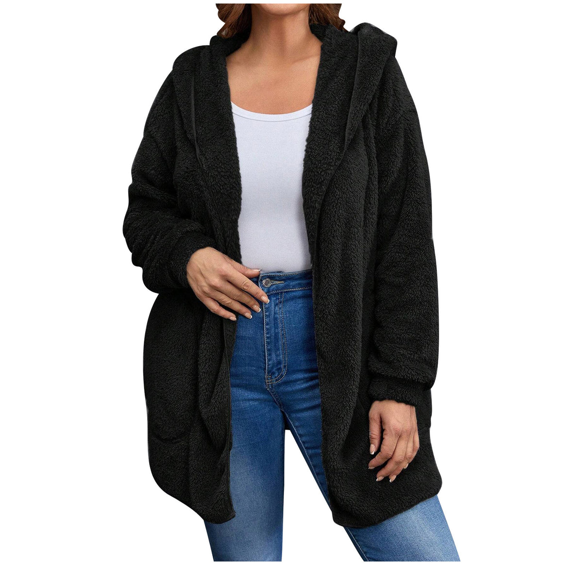 Women's cozy teddy fleece hooded jacket with large patch pockets and relaxed silhouette Mune Fashion