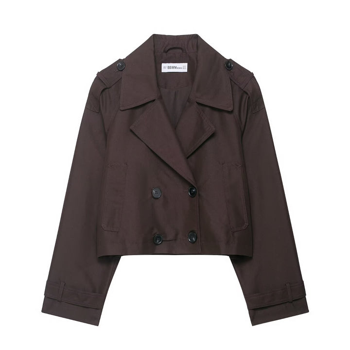 Women's Cropped Double-Breasted Trench Coat with Epaulettes, Wide Lapels and Adjustable Sleeve Straps Mune Fashion