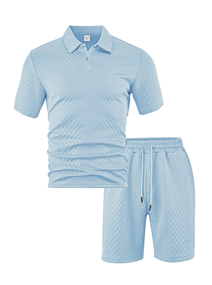 Men's elegant leisure two-piece made of textured knit with polo collar short-sleeve shirt and drawstring Bermuda Mune Fashion