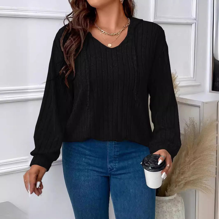 Women's ribbed hoodie made of fine knit with V-neck Mune Fashion