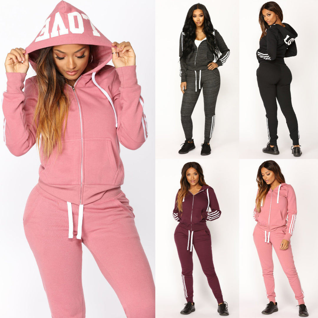 Women's Figure-Hugging Loungewear Set with Hoodie, Striped Accents and Tailored Jogging Pants Mune Fashion