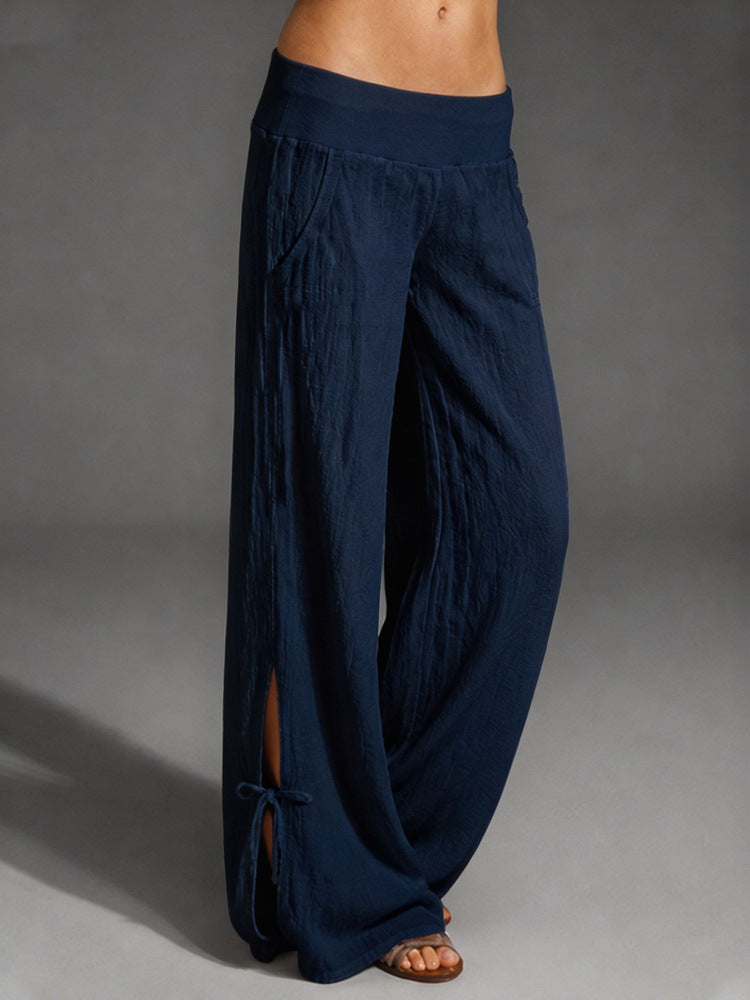 Ladies Lightweight Linen Pants with Wide Leg and Elastic Waistband Mune Fashion