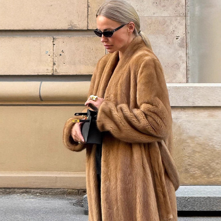 Women Luxurious Long Fur Coat with Shawl Collar and Flattering Oversize Cut Mune Fashion