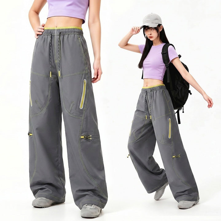 Women's Oversize Tech Lounge Pants with Contrast Seams, Reflective Zipper Pockets & Drawstring Waist Mune Fashion