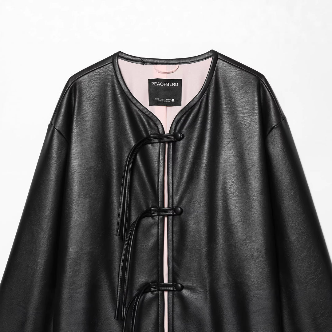Women's Oversized Faux Leather Jacket with Toggle Closures and Applied Flap Pockets Mune Fashion