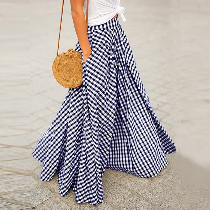 Women’s flared maxi skirt with gingham check, high waistband, and side pockets Mune Fashion