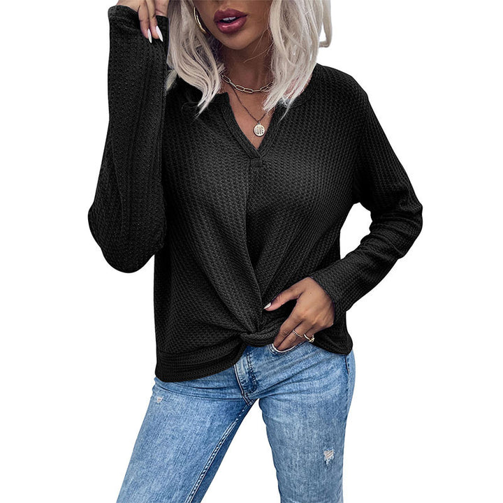 Women Waffle Knit Long Sleeve with V-neck and Knot Front Mune Fashion
