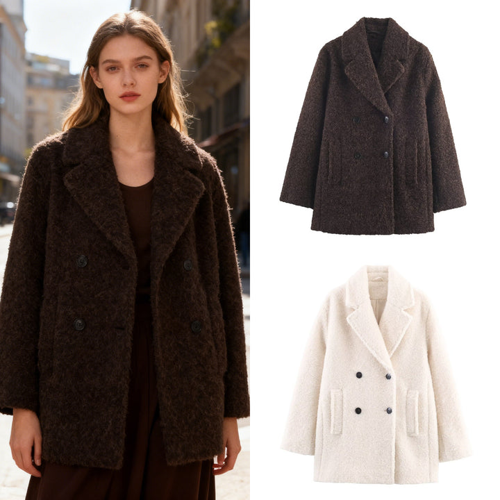 Ladies Double-Breasted Teddy Coat with Shawl Collar and Patch Pockets Mune Fashion