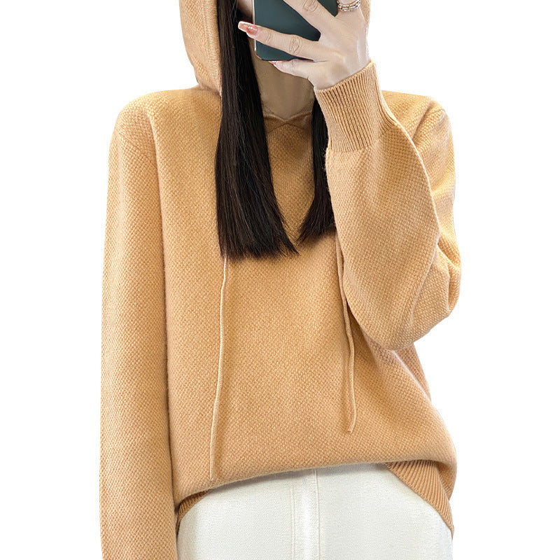 Women soft fine-knit hooded sweater with mottled texture and ribbed cuffs Mune Fashion