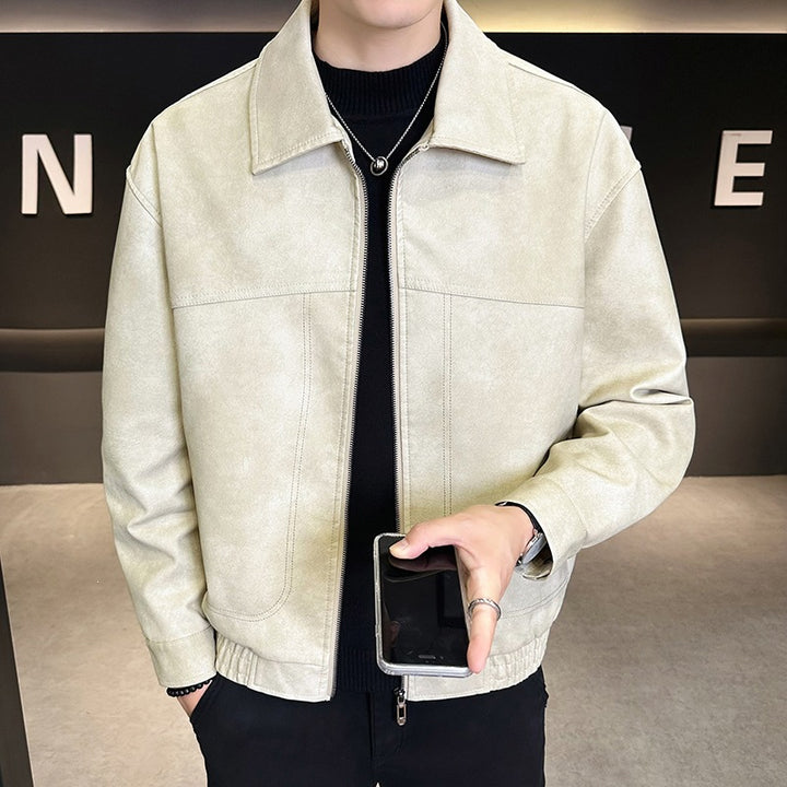 Men's Oversized Velour-Look Transitional Blouson with Shirt Collar, Zipper & Elastic Hem