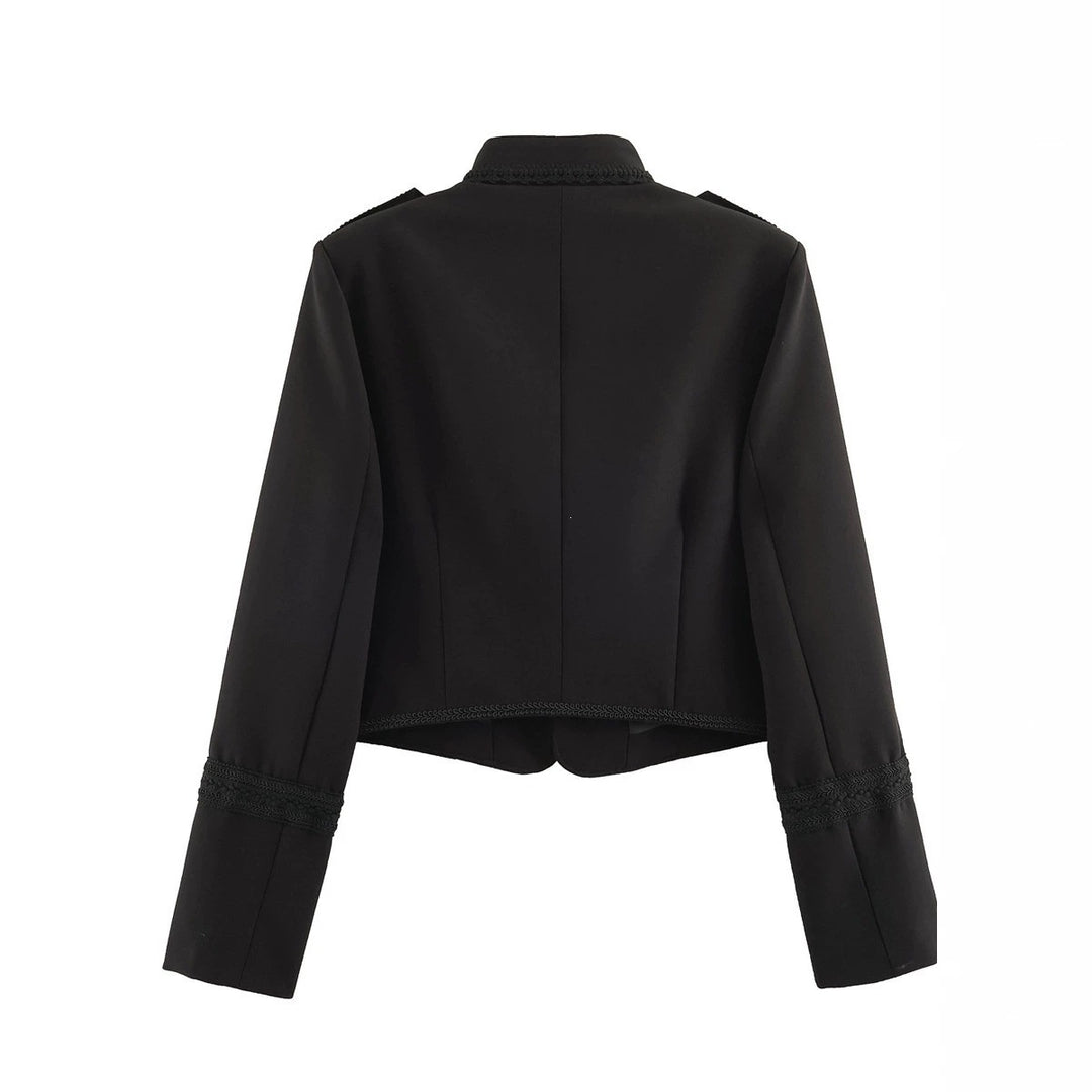 Women's Short Military-Style Blazer with Cord Decoration, Stand Collar and Decorative Frog Buttons Mune Fashion